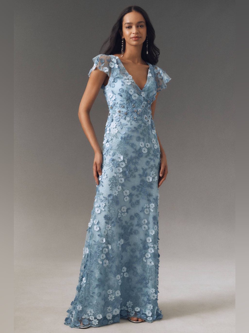 Mac Duggal Blue Embroidered Applique Wrap Over Flutter